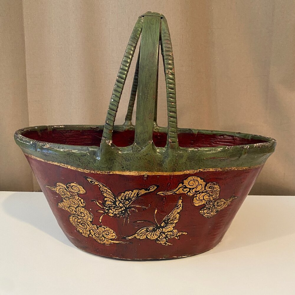 Antique French Red Green Basket Hand-Painted Butterfly‎ Floral